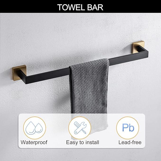5 Pieces Bathroom Hardware Set Black and Gold Towel Bar Set, Toilet Paper Holder with Shelf, Towel Holder Set in Bathroom, Wall Mounted Stainless Steel, 23.6 Inches - ModernBath