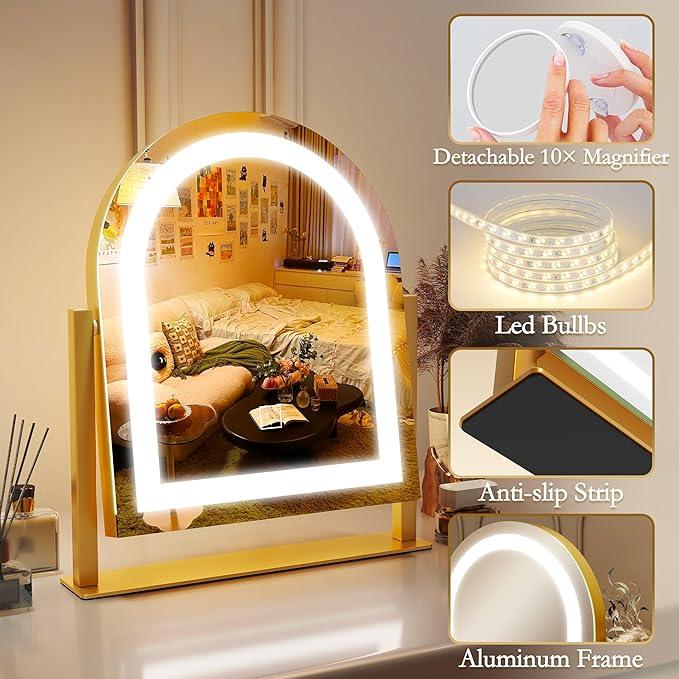 ROLOVE Lighted Makeup Mirror with 3-Color Dimmable Lighting, with Removable 10x Magnifier, Smart Touch Control, 360° Rotation, 15" x 13" Hollywood Vanity Mirror for Tabletop Desk (Gold) - ModernBath