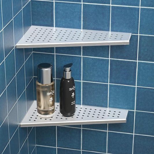 Corner Shower Shelf 2PCS, Trapezoid Shaped Bathroom Shelves 12'' for Tiled Wall, 304 Stainless Steel Grout in Shelf, No Drilling Needed (Silver) - ModernBath