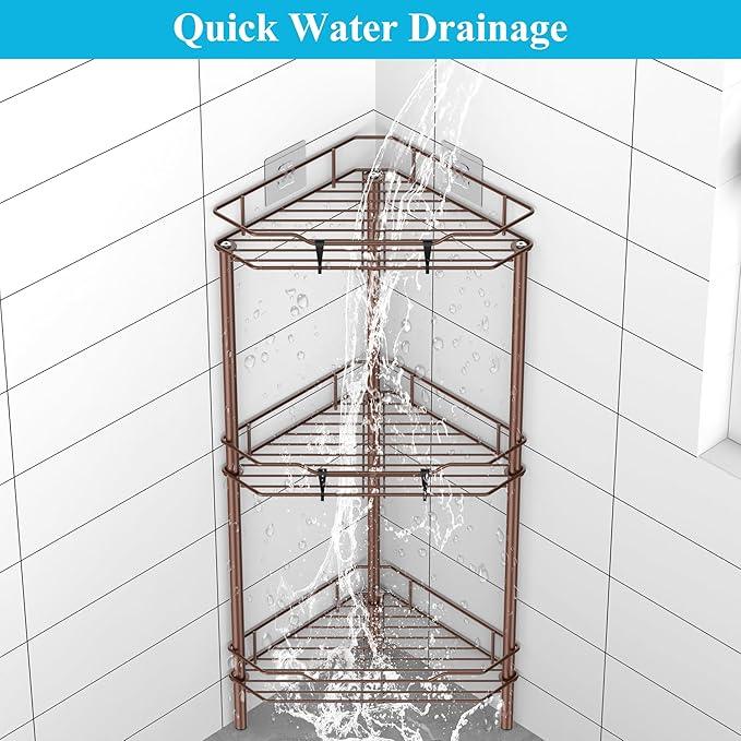 3 Tier Floor Standing Corner Shower Caddy Organizer Shelf with Hooks, Bathroom Shelves Stand Rack, Coffee - ModernBath