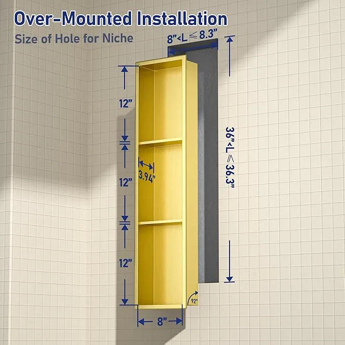 Stainless Steel Shower Niche 8"×36" with 3-Tier Shelve Gold No Tiled Needed Niche Shower for Wall Recessed Shower Shelf for Bathroom Storage - ModernBath