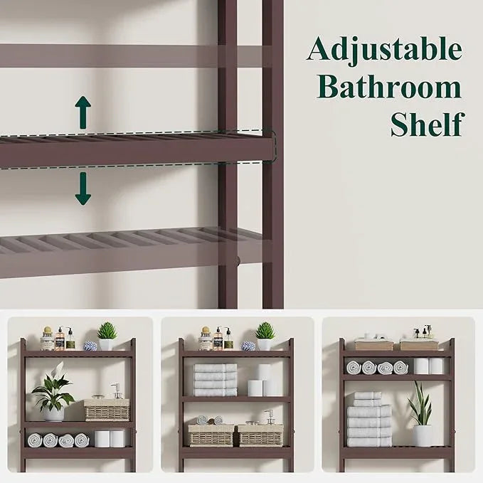 Smiry Over The Toilet Storage Cabinet, 3-Tier Bamboo Bathroom Organizers with Adjustable Shelf & 4 Hooks, Space Saving Shelf Rack for Bathrooms, Laundry Room, Balcony, Brown - ModernBath