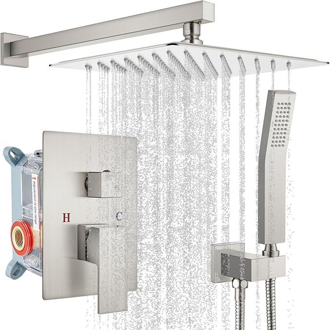 gotonovo Rainfall Bathroom Shower System Rain Shower Head and Handle Set Wall Mounted Shower Complete Combo Solid Brass Pressure Balancing Shower Mixer Valve 12 Inch Brushed Nickel - ModernBath
