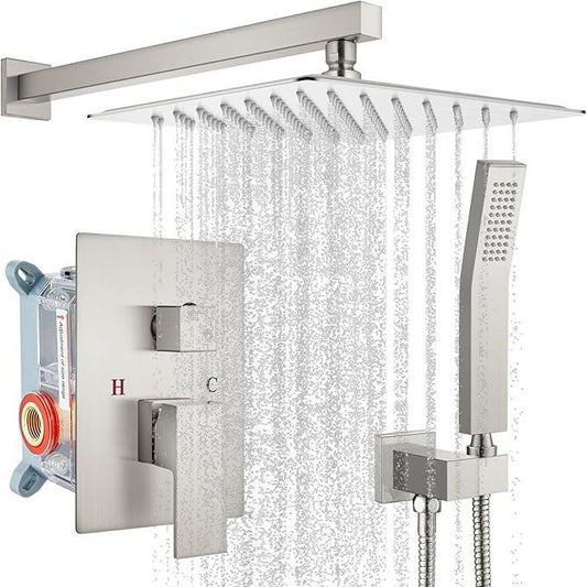 gotonovo Rainfall Bathroom Shower System Rain Shower Head and Handle Set Wall Mounted Shower Complete Combo Solid Brass Pressure Balancing Shower Mixer Valve 12 Inch Brushed Nickel - ModernBath