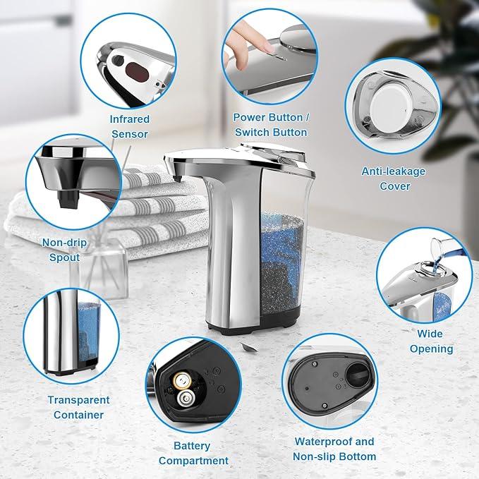 PZOTRUF Automatic Soap Dispenser, Touchless Dish Soap Dispenser 17oz/500ml with Upgraded Infrared Sensor, 5 Adjustable Soap Dispensing Levels, Liquid Hand Dispenser for Bathroom (Silver Set) - ModernBath