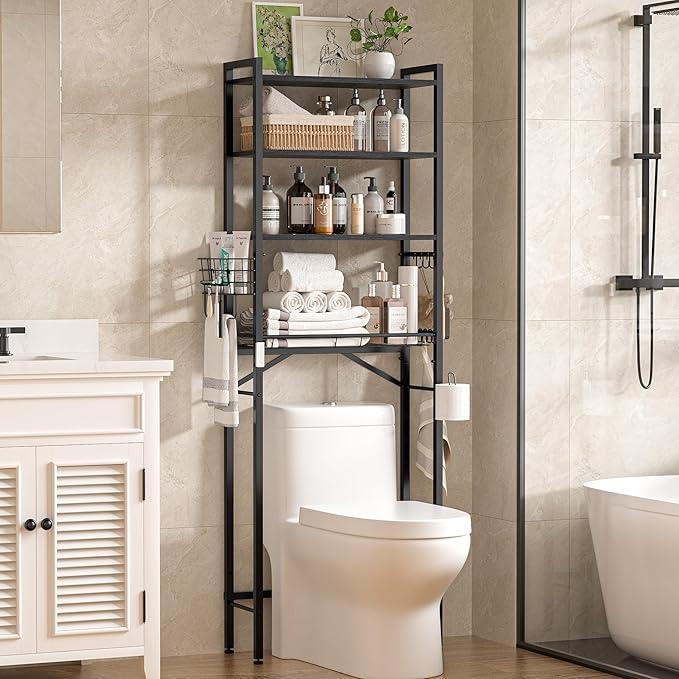 TETOTE Over Toilet Bathroom Organizer, 4-Tier Bathroom Over The Toilet Storage with Adjustable Shelf and Basket, Freestanding Space Saver Bathroom Shelves Above Toilet for Room(Black) - ModernBath
