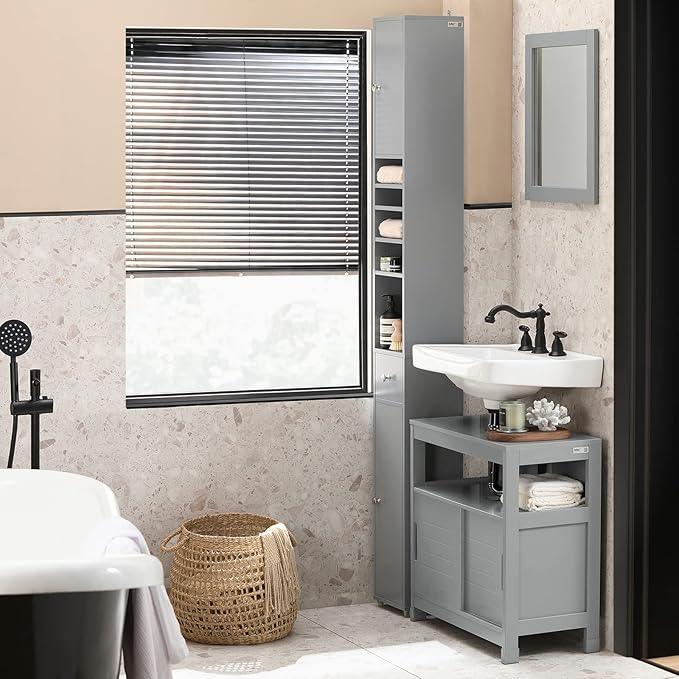 Haotian Bathroom Narrow Storage Cabinet Skinny Tall Unit with Adjustable Shelves Slender Anti-Tipping Floor Standing Cupboard, Gray BZR34-HG - ModernBath