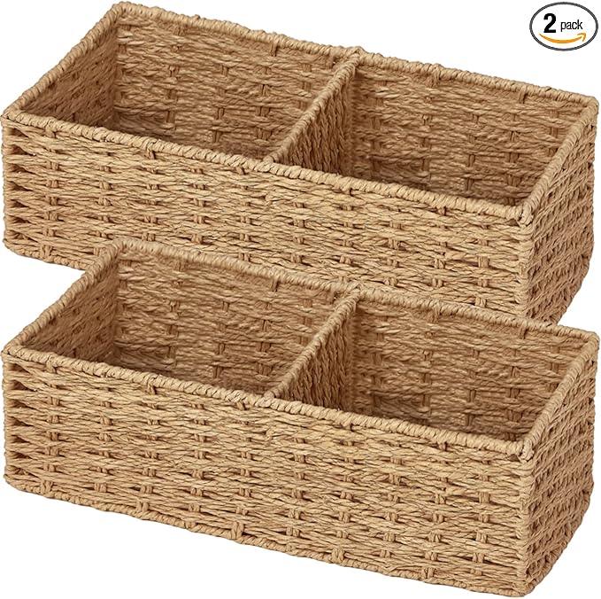 Vagusicc Set of 2 Wicker Storage Basket for for Shelves, Baskets for Organizing, Toilet Paper Basket for Toilet Tank Top, 2-Section, Natural - ModernBath