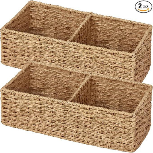 Vagusicc Set of 2 Wicker Storage Basket for for Shelves, Baskets for Organizing, Toilet Paper Basket for Toilet Tank Top, 2-Section, Natural - ModernBath