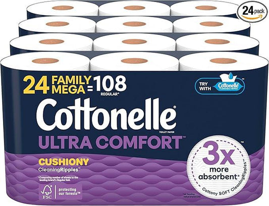 Cottonelle Ultra Comfort Toilet Paper with Cushiony CleaningRipples Texture, Strong Bath Tissue, 24 Family Mega Rolls = 108 Regular Rolls (4 Packs of 6) - ModernBath