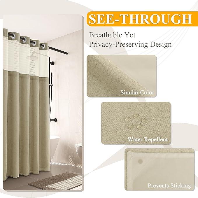Jowels No Hooks Needed Linen Shower Curtain and Liner Set,Apricot Hotel Luxury Decor Shower Curtains for Bathroom with See Through Top Window,Water Resistant Fabric,72Wx75L,Apricot - ModernBath