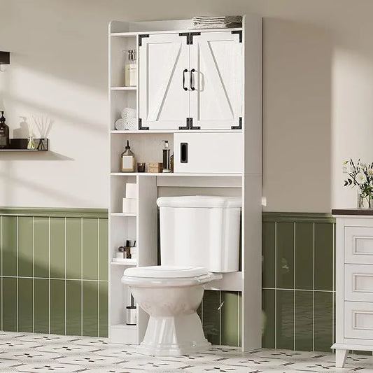 ChooChoo Over The Toilet Storage Cabinet, Farmhouse Bathroom Storage Cabinet with Sliding Door, Over Toilet Storage with Adjustable Shelves, Space-Saving, Antique White - ModernBath
