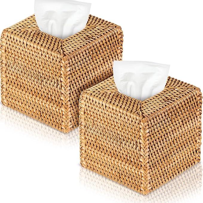 Kigley 2 Pcs Square Rattan Tissue Box Cover Boho Wicker Tissue Cube Box Cover 5.5'' x 5.5'' x 5.5'' Decorative Natural Wicker Hand Woven Napkin Box Holder Bathroom Office Car Accessories (Wood) - ModernBath