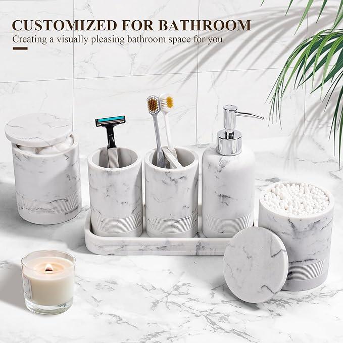 Bathroom Accessories Set, 6-Piece Bathroom Accessory Set, Toothbrush Holders Set, Soap Dispenser, Vanity Tray, Tumbler, Cotton Swab Jars, Bathroom Organizer for Modern Bathrooms (Marble White) - ModernBath