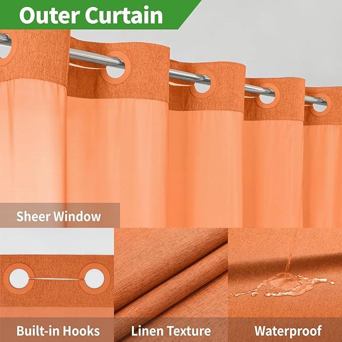eachope Stall No Hooks Needed Linen Textured Shower Curtain with Snap-in Fabric Liner Set,Hotel Luxury Decor Farmhouse Shower Curtains for Bathroom,Waterproof & Washable,54Wx80H,Burnt Orange - ModernBath