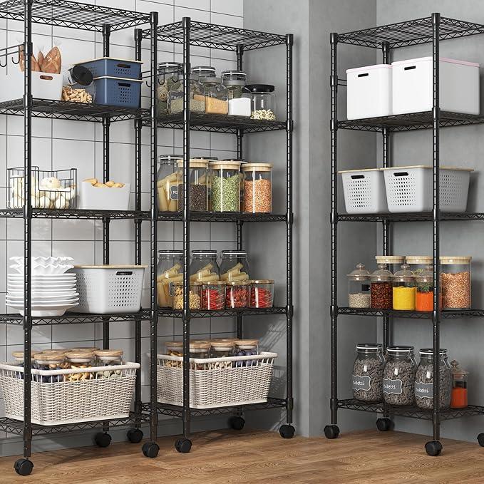 Homdox 5 Tier Wire Shelving Unit on Wheels, Adjustable Storage Racks and Shelving, Heavy Duty Rolling Metal Shelves with Side Hooks for Laundry Bathroom Kitchen Garage Pantry Organization, Black - ModernBath