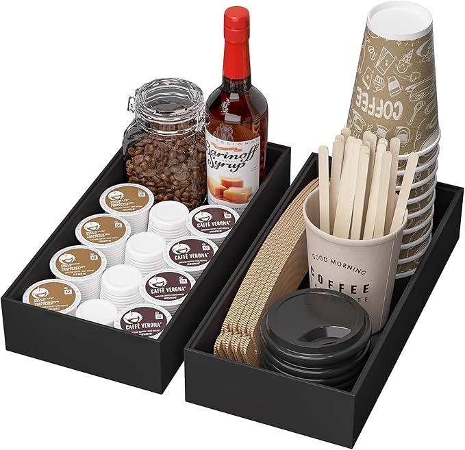Kitchen Drawer Organizer Bins, Stackable Bamboo Drawer Organizer for Silverware, Coffee Pod Organizer K Cup Holder for Countertop, 2 Pcs Coffee Station Organizer Black 12" x 6" x 2.5" - ModernBath