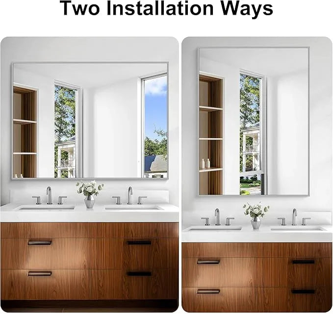 KOCUUY Silver Bathroom Mirror, 48"x36" Large Rectangle Bathroom Mirror for Wall, HD Tempered Glass, Anti-Rust Brushed Silver Frame, Modern Design for Bathroom, Bedroom, Hang Horizontal/Vertical - ModernBath