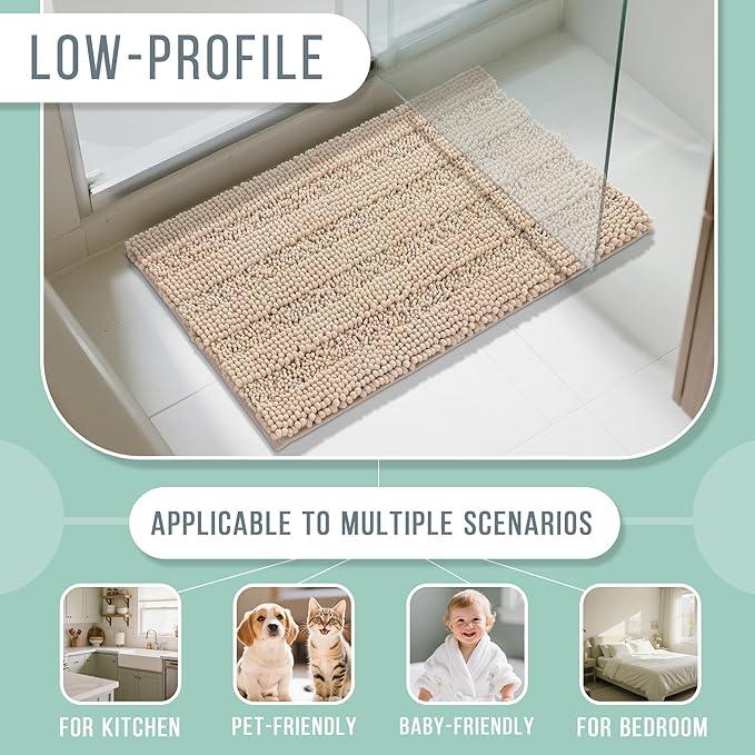 Yimobra Bathroom Rug Mat 44 x 24, Non Slip and Super Absorbent Bath Mat,Machine Washable Quick Dry,Ultra Plush Chenille Shower Rugs for Bathroom Floor Sink Tub and Shower Outside, Beige - ModernBath