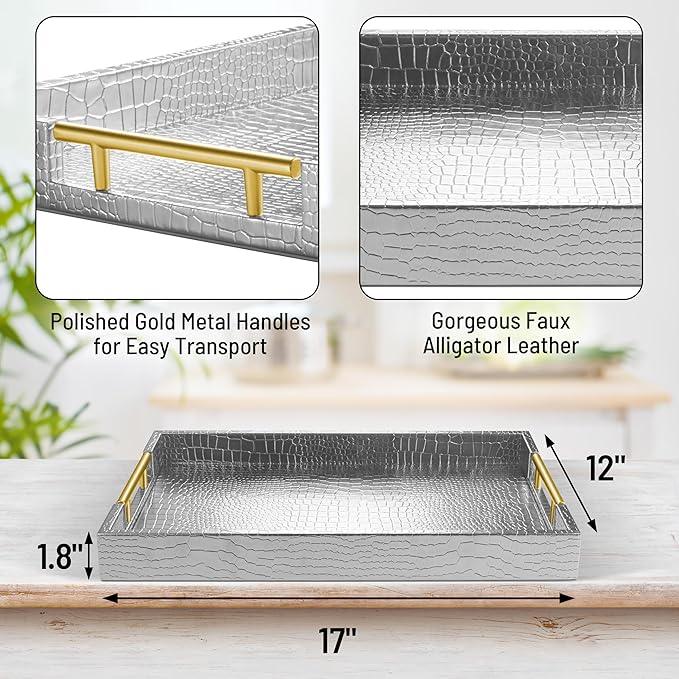 ATZYmolin 17" x 12" Wood Serving Tray with Gold Polished Metal Handles, Home Decorative Wooden Rectangle Ottoman Leather Decor Platter Bathroom Vanity Tray for All Occasions Alligator Silvery - ModernBath