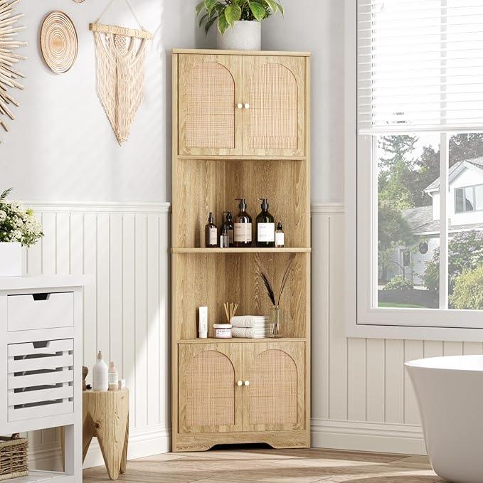 67''H Tall Corner Cabinet with Handmade Rattan Door, Rattan Storage Cabinet with Adjustable Shelves, Corner Bookshelf Space Saver for Barthroom, Kitchen, Natural | Tall, Handmade Rattan Door, Adjustable Shelves, Corner Bookshelf, Space Saver - ModernBath