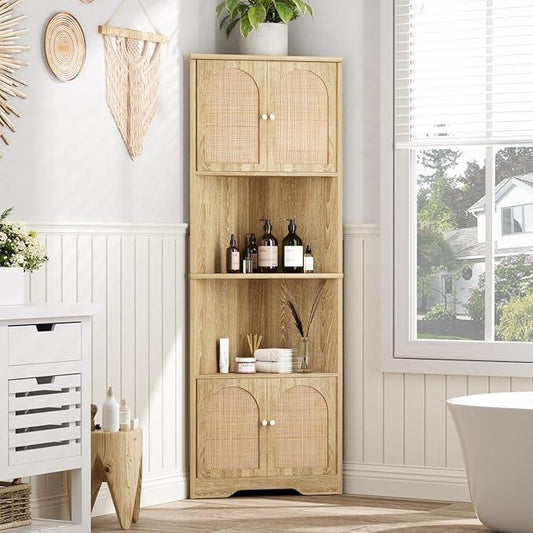 67''H Tall Corner Cabinet with Handmade Rattan Door, Rattan Storage Cabinet with Adjustable Shelves, Corner Bookshelf Space Saver for Barthroom, Kitchen, Natural | Tall, Handmade Rattan Door, Adjustable Shelves, Corner Bookshelf, Space Saver - ModernBath