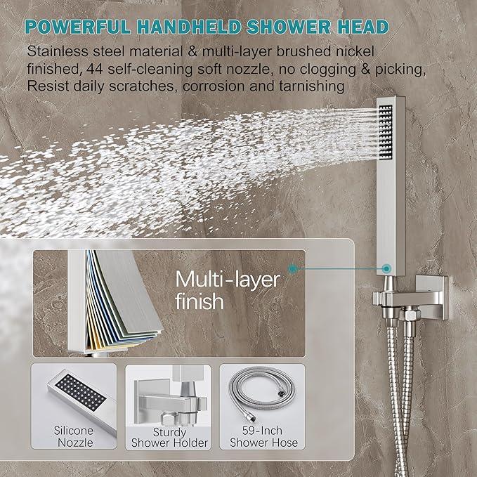 HoliSpa Brushed Nickel Shower System, Shower Faucet Set with 10-Inch Rain Showerhead and Handheld Spray, Wall Mounted High-Pressure Showerhead Combo Set Included Valve and Trim, Brushed Nickel - ModernBath