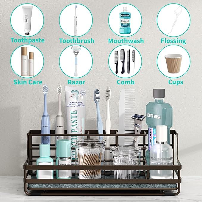 HapiRm Toothbrush Holders for Bathroom - 5 Partitions Bathroom Counter Organizer with Instant Drying Stone, Stainless Steel Countertop Storage Electric Toothbrush Toothpaste Holder - Bronze - ModernBath