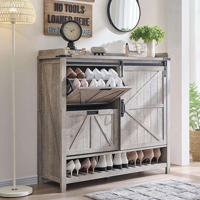 OKD Shoe Storage Cabinet with 2 Flip Drawers & Sliding Door, Farmhouse Entryway Shoe Organizer, Freestanding Rustic Hidden Shoe Rack Cabinet for Entryway, Light Rustic Oak - ModernBath