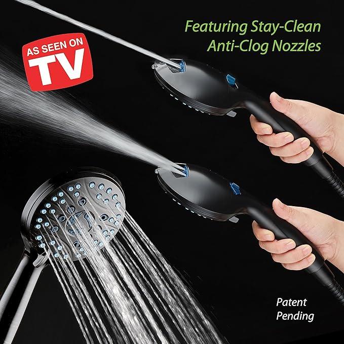 AquaCare High Pressure 8-mode Handheld Shower Head - Anti-clog Nozzles, Built-in Power Wash to Clean Tub, Tile & Pets, Extra Long 6 ft. Stainless Steel Hose, Wall & Overhead Brackets - ModernBath