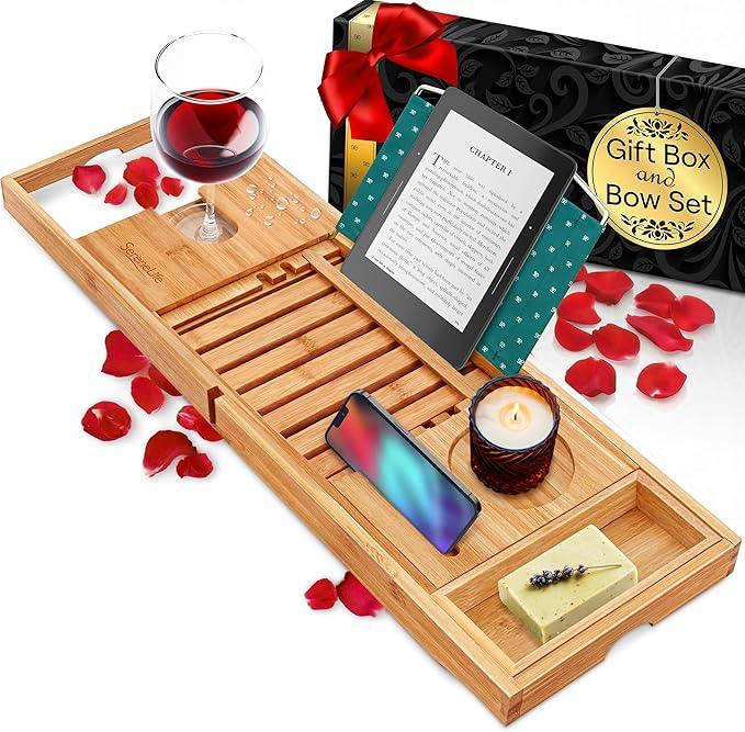 SereneLife Premium Bathtub Tray Caddy with Gift Box and Bow Set, Expandable Bath Tray, Unique House Warming Gifts for Mom, Women, Wedding, Anniversary, Bridal Shower, Fit for All Tub - Classic - ModernBath