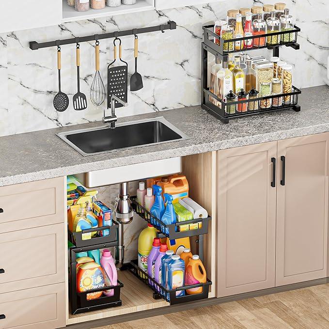 Under Sink Organizer 2 Pack, 2 Tier Adjustable Height Reinforced Carbon Steel Under Kitchen Bathroom Sink Storage Organizer, Smooth Pull-out Under Sink Cabinet Rack Drawer Organizer, Black - ModernBath