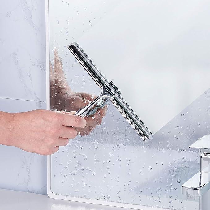 Ettori Shower Squeegee Clear Glass Wall Cleaner Stainless Steel with Suction Storage Hook -10'', Chrome - ModernBath