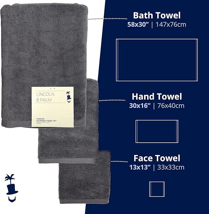 Lincoln & Palm 3 Piece Turkish Towels Set, Thick, Soft, Plush 700 GSM Spa & Hotel Quality, Silver Infused SILVERbac | Bath 58x30, Hand 30x16, Face Wash Cloth 13x13 (3 Piece Towel Set, Charcoal) - ModernBath