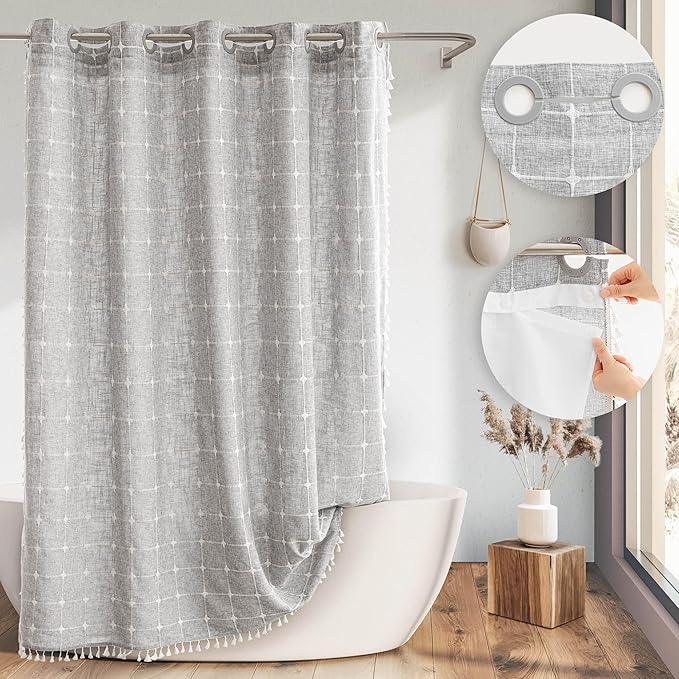 Farmhouse Shower Curtain with Snap-in Liner,No Hooks Needed,Boho Fabric Shower Curtains with Tassels for Rustic Neutral Bathroom Decor,with Magnets,Water Repellent&Machine Washable,Grey,71x74Inch - ModernBath