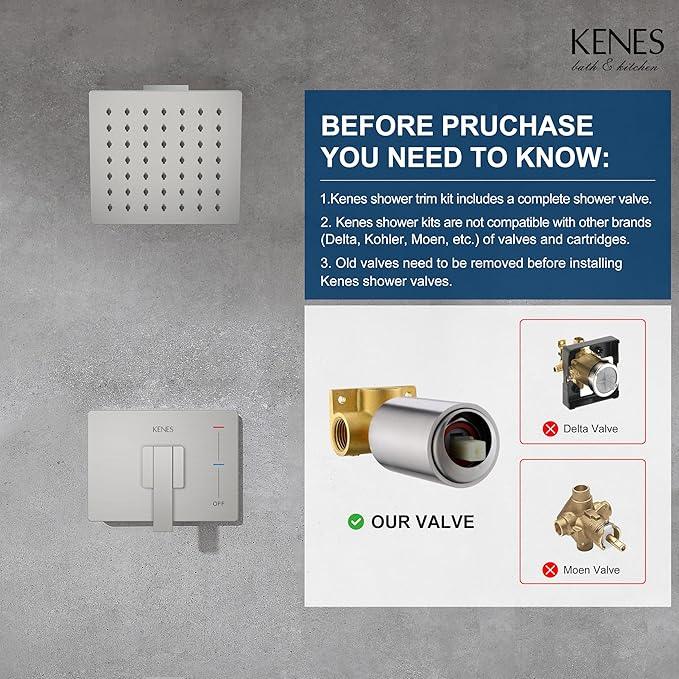 KENES Brushed Nickel 6-Inch Shower Head and Handle Set, Square Shower Faucet Set Bathroom Rainfall Shower System Wall Mount, KE-6025B (Shower Valve Included) - ModernBath