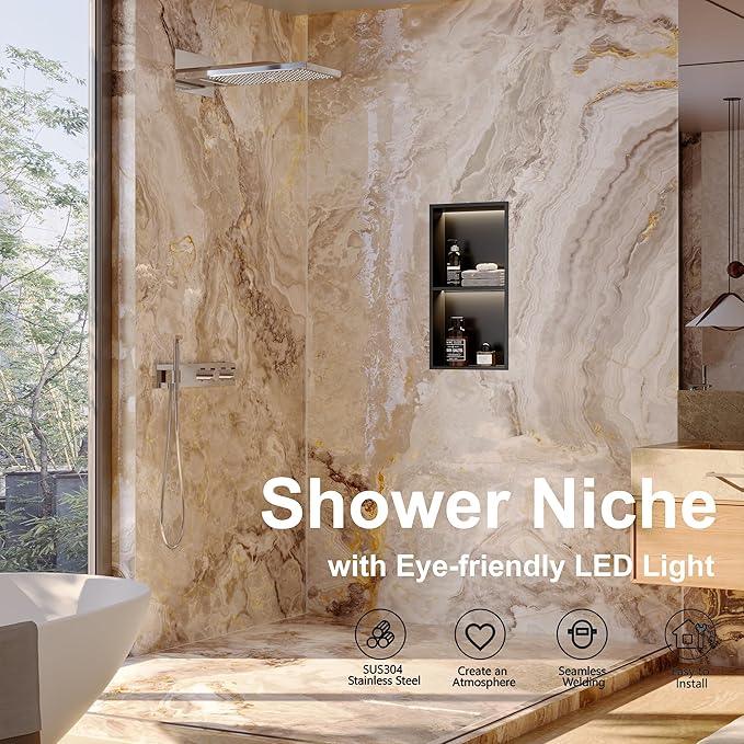 Stainless Steel Shower Niche 12" X 24", No Tile Needed Wall Niche with 3 Selectable Color Temperatures Led Light, Recessed Shower Shelf for Bathroom Storage Over Mount Installation, Matte Black - ModernBath