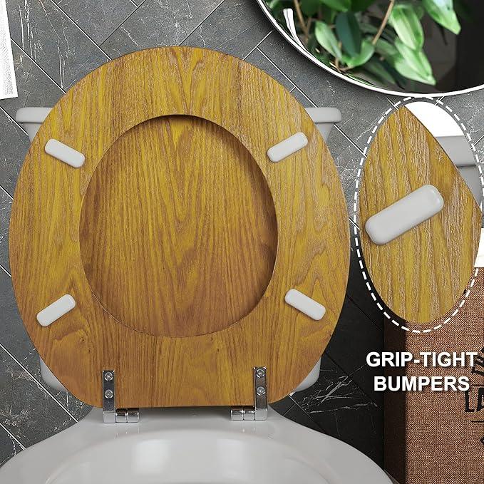 Angel Shield Durable Wood Veneer Natural Toilet Seat Metal Hinged Easy Clean Anti-scratch American Standard(Round,Oak) - ModernBath