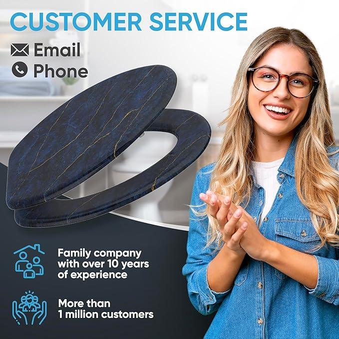 SANILO Wooden Toilet Seat with Soft Close [ELONGATED] - Decorative, Quiet & Slow Close Molded Wood Seat - With Strong Bumpers & Hinges - Adjustable Fit - Marble Dark Blue - ModernBath