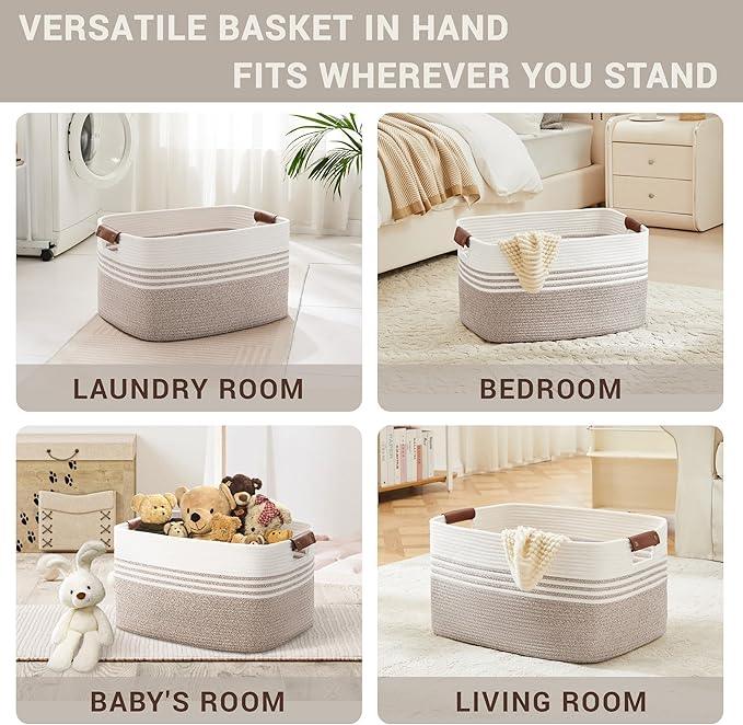 72L Large Laundry Basket with Leather Handles for Living Room Storage, Woven Rope Baskets Bin for Blanket, Kids Toy, Gifts, Wicker Hamper for Bedroom Dirty Clothes, 22"x17"x12" White Brown - ModernBath
