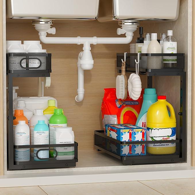 Under Sink Organizer 2 Pack, 2-Tier Slide Out Cabinet Organizer with Metal Sliding Drawer and Hooks, Pull Out Storage Baskets for Kitchen Bathroom Pantry Cabinet Organization (black) - ModernBath