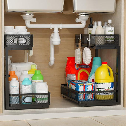 Under Sink Organizer 2 Pack, 2-Tier Slide Out Cabinet Organizer with Metal Sliding Drawer and Hooks, Pull Out Storage Baskets for Kitchen Bathroom Pantry Cabinet Organization (black) - ModernBath