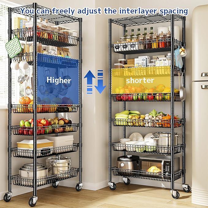 7 Tier Wire Shelving with Wheels 72" H Adjustable Basket Shelf Storage Shelves with Hooks for Kitchen Bathroom Pantry Shelves Closet Laundry Room Organization 72" H x 30" W x 14" D, Black - ModernBath