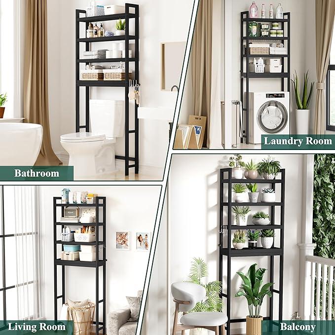Smiry Over The Toilet Storage Cabinet, 4-Tier Bamboo Bathroom Organizers with Adjustable Shelf & 4 Hooks, Space Saving Shelf Rack for Bathrooms, Laundry Room, Balcony, Black - ModernBath
