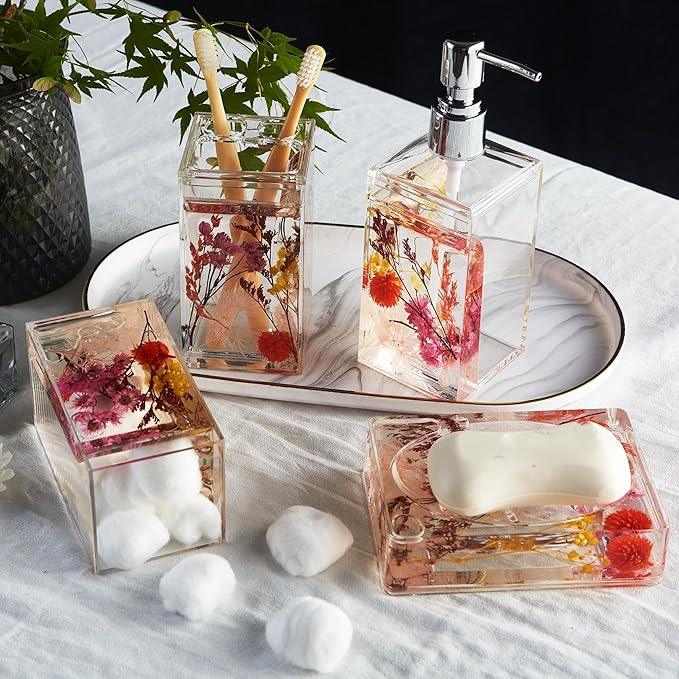 Locco Decor 4 Piece Acrylic Liquid 4D Floating Motion Bathroom Vanity Accessory Set Garden Botanic Pink Plants Toothbrush Holder, Tumbler, Soap Dispenser, Soap Dish - ModernBath