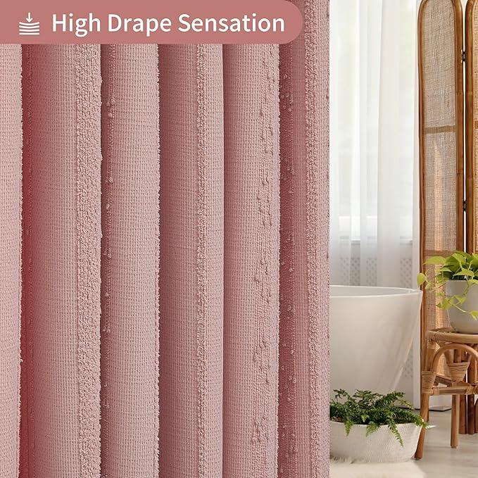 Lameirose Pink Shower Curtain Boho, Cotton Blend Waffle Shower Curtain Textured, Fabric Shower Curtains for Bathroom, Washable 72 x 72 - ModernBath