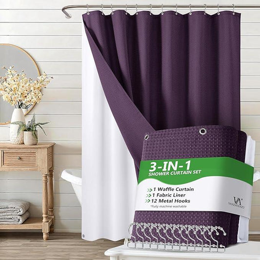 Luxury 3 in 1 Shower Curtain Set 3D Textured Waffle Weave Bathroom Curtain with Waterproof SGS Certified Fabric Liner & 12 Anti-Fall Stainless Steel Hooks, Machine Washable 72"x72" (Purple) - ModernBath