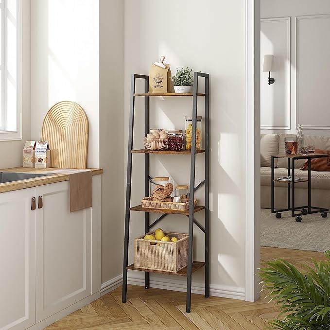 Hoctieon 4-Tier Industrial Ladder Bookshelf, Narrow Ladder Shelf, Tall Standing Bookshelf, Skinny Open Ladder Shelf, for Living Room, Home Office, Kitchen, Bedroom, Metal Frame, Rustic Brown - ModernBath