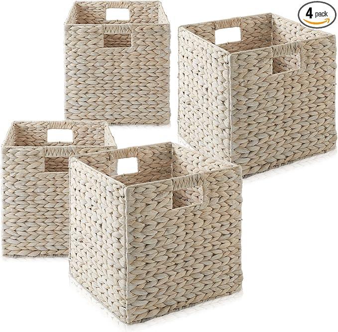 Casafield 12" x 12" Hyacinth Storage Baskets, Whitewash - Set of 4 Storage Organizers, Woven Wicker Cubes for Bathroom, Bedroom, Laundry, Shelves - ModernBath