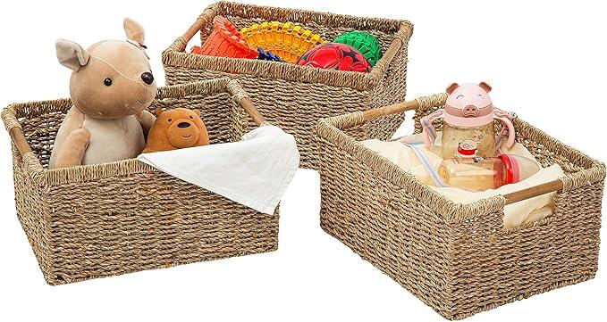 Large Wicker Basket Rectangular with Wooden Handles for Shelves, Seagrass Basket Storage, Natural Baskets for Organizing, Wicker Baskets for Storage - 3 Pack Large - ModernBath